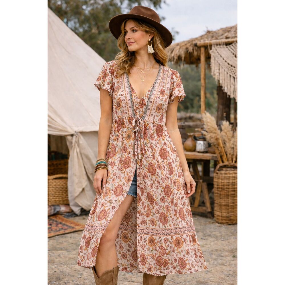 R. Voiimos Boho Floral Maxi Dress Split Front Tie Cottagecore Festival  2XL